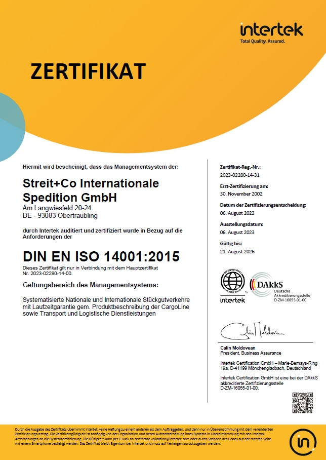 Zertifikat Umweltmanagementsystem DIN EN ISO 14001:2015